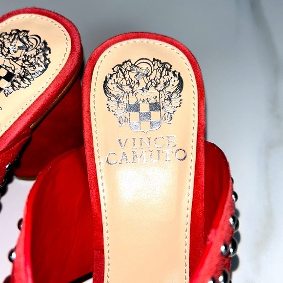 Vince Camuto Red Chunky Heel Mules with Silver Studs - Picture 7 of 11